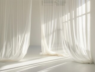 Wall Mural - apartment white wall room with sheer long white curtains and soft light coming through soft light