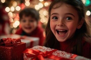 Excited child loves Christmas, holding colorful gift boxes under the festive tree with beautiful lights. Joyful holiday moment.