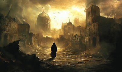 Wall Mural - A lone figure walks through ruined city.