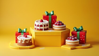  Joyful holiday celebration with festive cakes and gifts