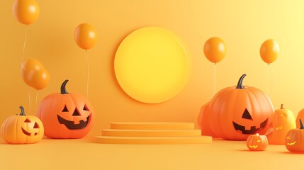 Spooky Halloween pumpkin face vector illustration isolated on orange background with stage