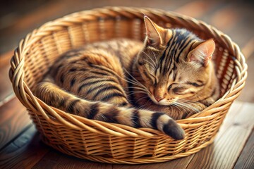 Poster - Bengal cat sleeping peacefully in wicker basket on wooden floor