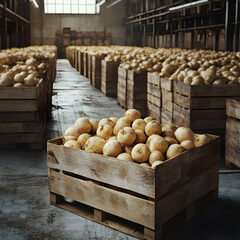 Wall Mural - Turnip root harvested in wooden boxes in a warehouse. Natural organic fruit abundance. Healthy and natural food storing and shipping concept.