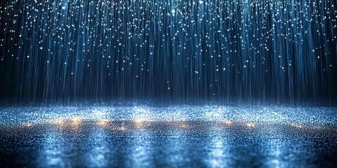 a shimmering blue rain falls on a glistening surface, reflecting light and creating a captivating sc