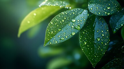 Canvas Print - Close-up of lush green leaves with dew drops.