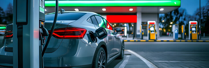 Poster - Car being refueled at a gas station, depicting energy use and automotive refueling.