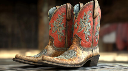 A pair of cowboy boots with intricate stitching.