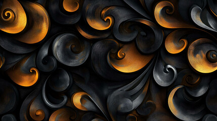 Wall Mural - An abstract pattern of swirling shapes in black and gold.