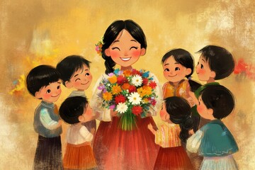 A colorful illustration of a mother surrounded by her children, holding a bouquet of flowers, smiling in an artistic style reminiscent of modern greeting cards