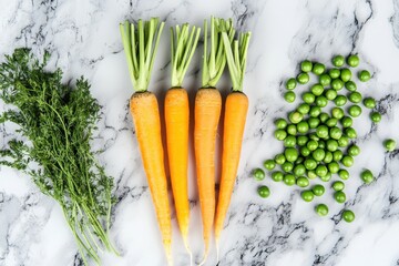 Carrots And Peas. Fresh Raw Carrots and Peas on Marble Background, Top View