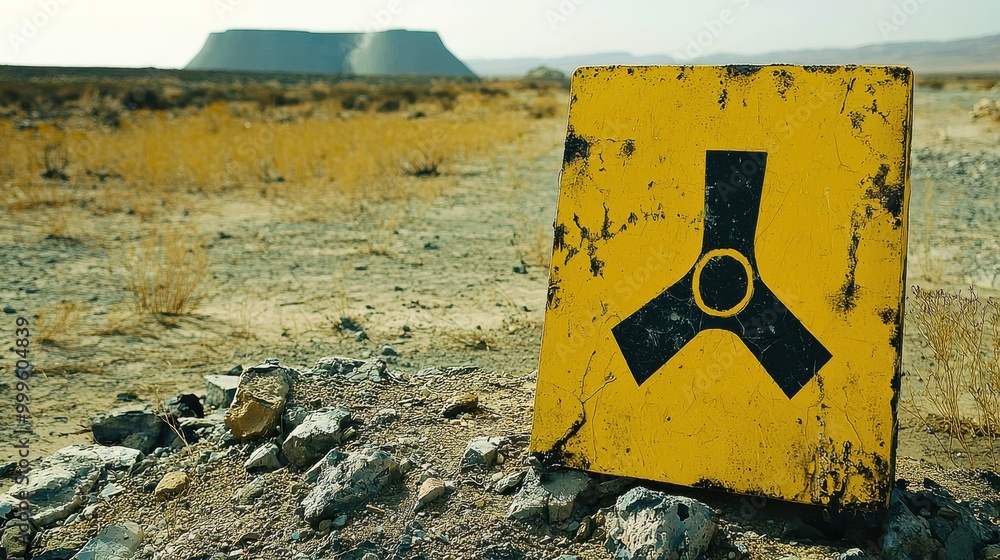 A yellow radiation warning sign placed in a barren, desolate area ...