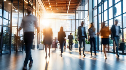 blurred motion of diverse businesspeople walking in modern office building coworking and collaboration concept abstract photo