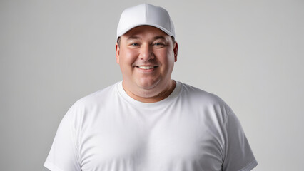 Plus size man wearing white t-shirt and white baseball cap isolated on grey background