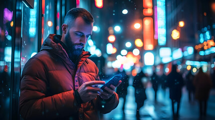 Poster - Man using smartphone standing on the night city street full of neon light, Male holding mobile phone, posting social media, online shopping, texting, generative ai