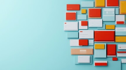 Aufkleber - Colorful geometric wall, abstract arrangement, vibrant rectangles, red yellow and teal blocks, creative modern art.