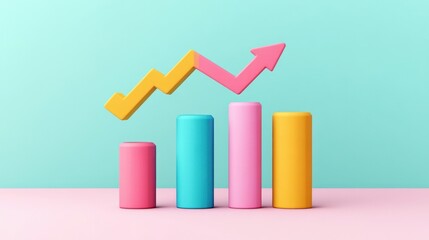 Leinwandbilder - Colorful bar graph with upward trend, pastel pink blue yellow bars, turquoise background.