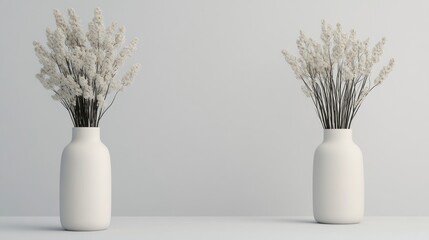 Poster - Minimalist white vases with dried flowers, serene and symmetrical arrangement on a light background.