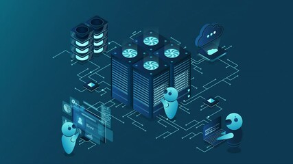 Wall Mural - data center and web hosting isometric concept animation. cloud computing storage. isometric server r