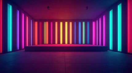 Aufkleber - Vibrant Neon Room, colorful vertical light panels, serene ambiance, minimalist platform, immersive atmosphere