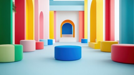 Aufkleber - Vibrant abstract hall, colorful round seating, pastel arches, playful environment, modern interior design, artistic space.