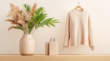 Poster - Cozy Sweater Display, Vase with Pampas, Minimalist Decor, Neutral Tones, Warm Aesthetic, Home Style Showcase