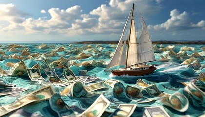 Sailboat navigating an ocean of banknotes, vibrant details capturing financial success against a stunning horizon