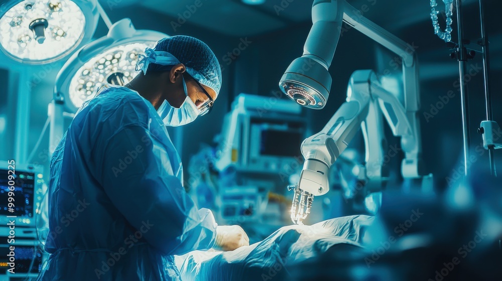 Surgery By Computer A surgeon collaborates with an AI-controlled robotic arm in a sterile ...