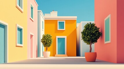Aufkleber - Colorful street, vibrant facades, pastel houses, bright sunshine, potted trees, modern Mediterranean ambiance