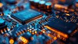 © lacindex - Macro view of electronic motherboard with glowing microchips and intricate circuitry in blue and orange
