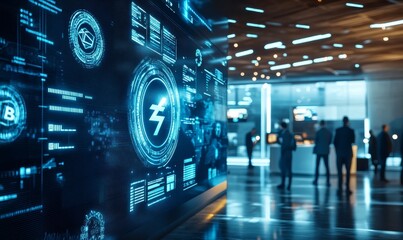 Digital display showing futuristic data with blurred figures.