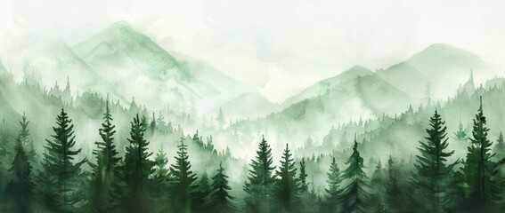 Tranquil misty forest landscape with green trees and mountains in soft focus