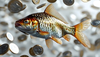 Aquatic abundance: fish gliding through a shimmering river of silver coins amid a minimalistic white backdrop