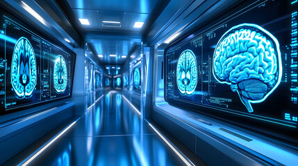 Canvas Print - Futuristic medical corridor with large screens displaying brain scans.