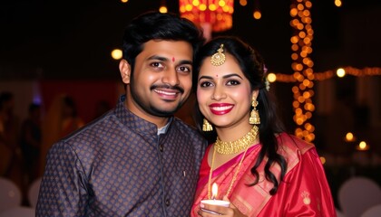 portrait of an Indian couple in traditional dress on diwali 