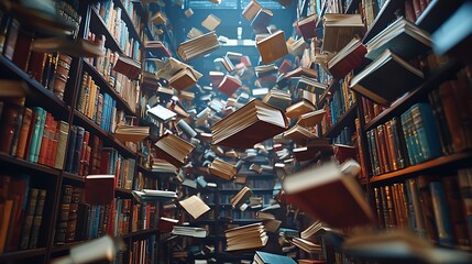 Books fly from a bookshelf in an explosion of words and ideas, scattering across the library.