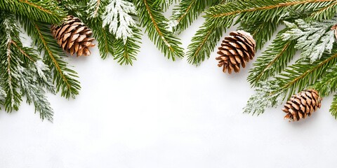 Wall Mural - Pine branches with snow and cones on white background