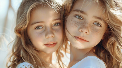 Two smiling girls with freckles enjoying a sunny day outdoors surrounded by nature