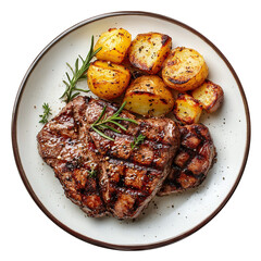 Canvas Print - Delicious grilled steak with roasted potatoes on a plate, isolated on transparent cutout background