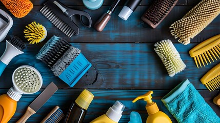 Variety of residential tools and cleaners such as combs and rags