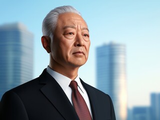 A distinguished older man in a business suit, confidently gazing into the distance against a backdrop of modern skyscrapers.