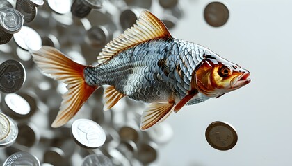 Fish swimming through a river of silver coins, showcasing economic flow in a realistic setting, isolated on a white background with ample copy space.