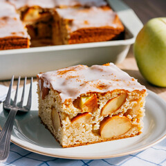 Poster - A square piece of apple pie with a moist texture and large pieces of apples on a plate