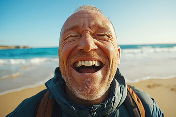 Laughing Senior Man Enjoying Morning at the Beach 