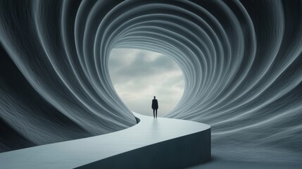A man standing in a long tunnel with an abstract design, AI