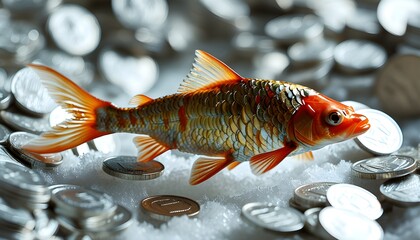 Fish swimming through a river of silver coins, showcasing economic flow in a realistic setting, isolated on a white background with ample copy space.