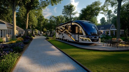 Luxury RV Parked in a Beautiful Green Setting