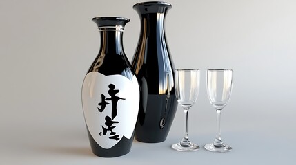 Black Sake Bottle  Glasses  Japanese Design  Traditional  Elegant