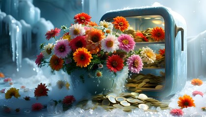 Wall Mural - Floral Blooms Thriving Amidst Frosty Wealth, Symbolizing Prosperity and Abundance Against a Vibrant Background