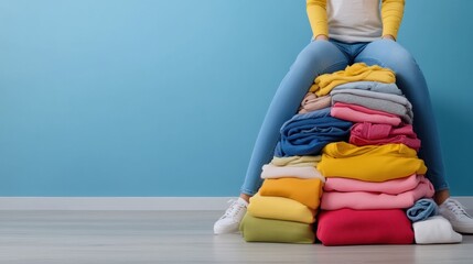 Poster - A woman sitting on a pile of clothes with her legs crossed, AI