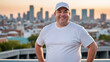 © QuoDesign - Plus size man wearing white t-shirt and white baseball cap standing on cityscape background